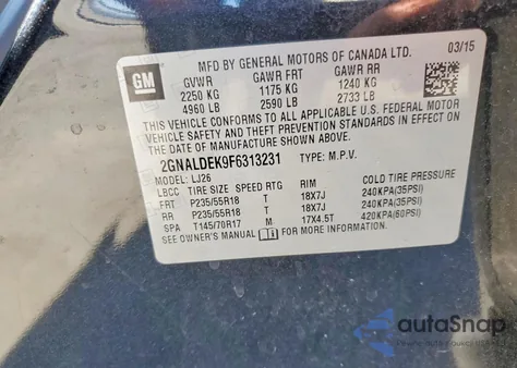 2015 Chevrolet Equinox Ltz z USA, uszkodzony, nr VIN 2GNALDEK9F6313231